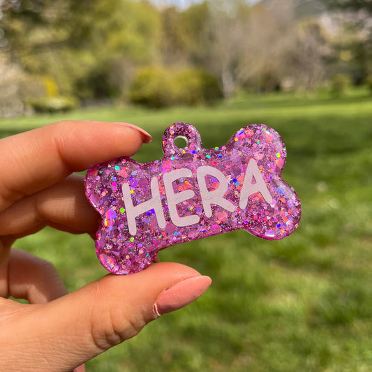 Açık Pembe Glitter Renk İsimli Köpek Künyesi